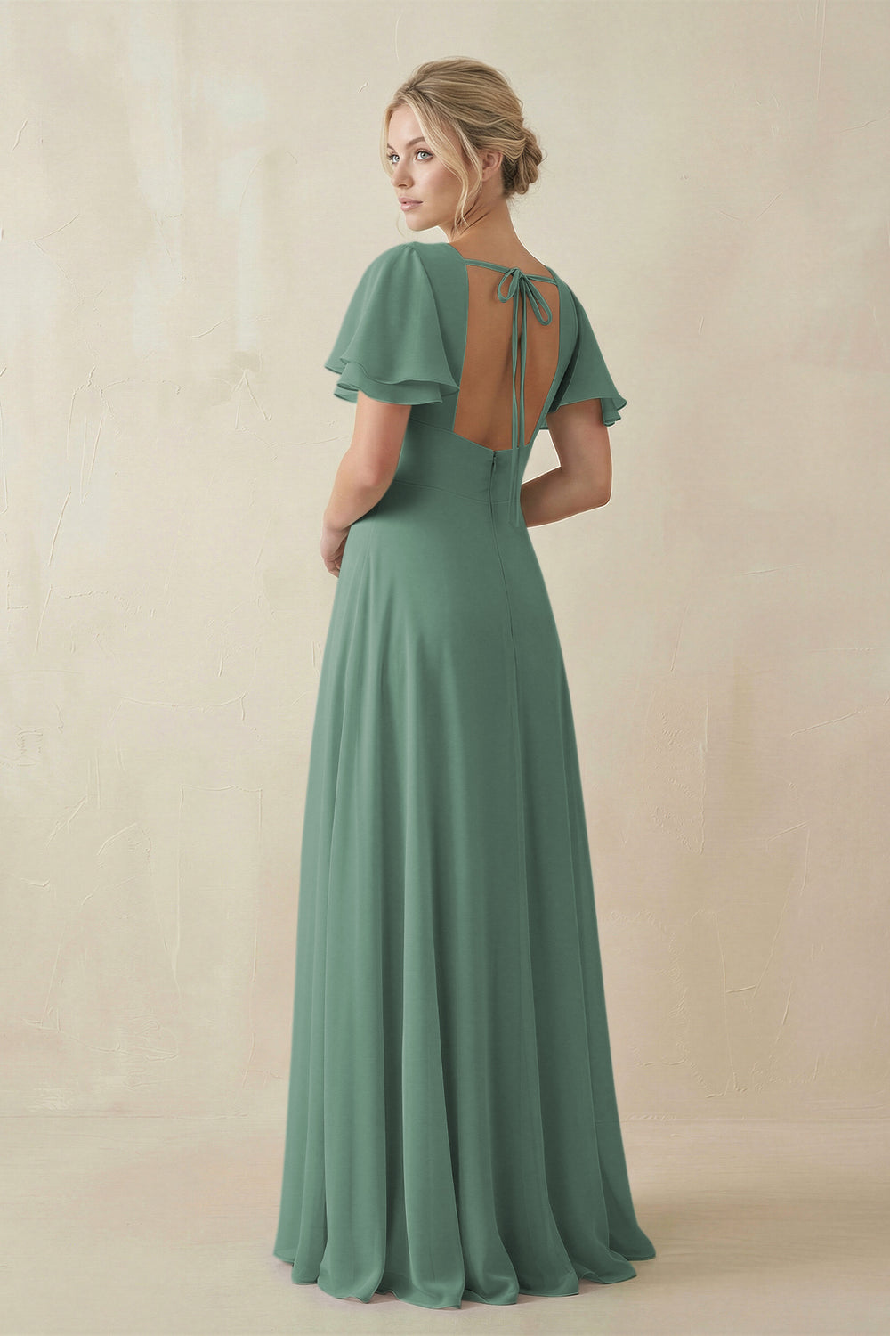 V-Neck Ruffled Short Sleeves A-Line Bridesmaid Dress in Sea Glass