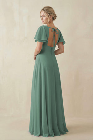 Sea Glass V-Neck Ruffled Short Sleeves A-Line Bridesmaid Dress (2) | KISSBRIDAL