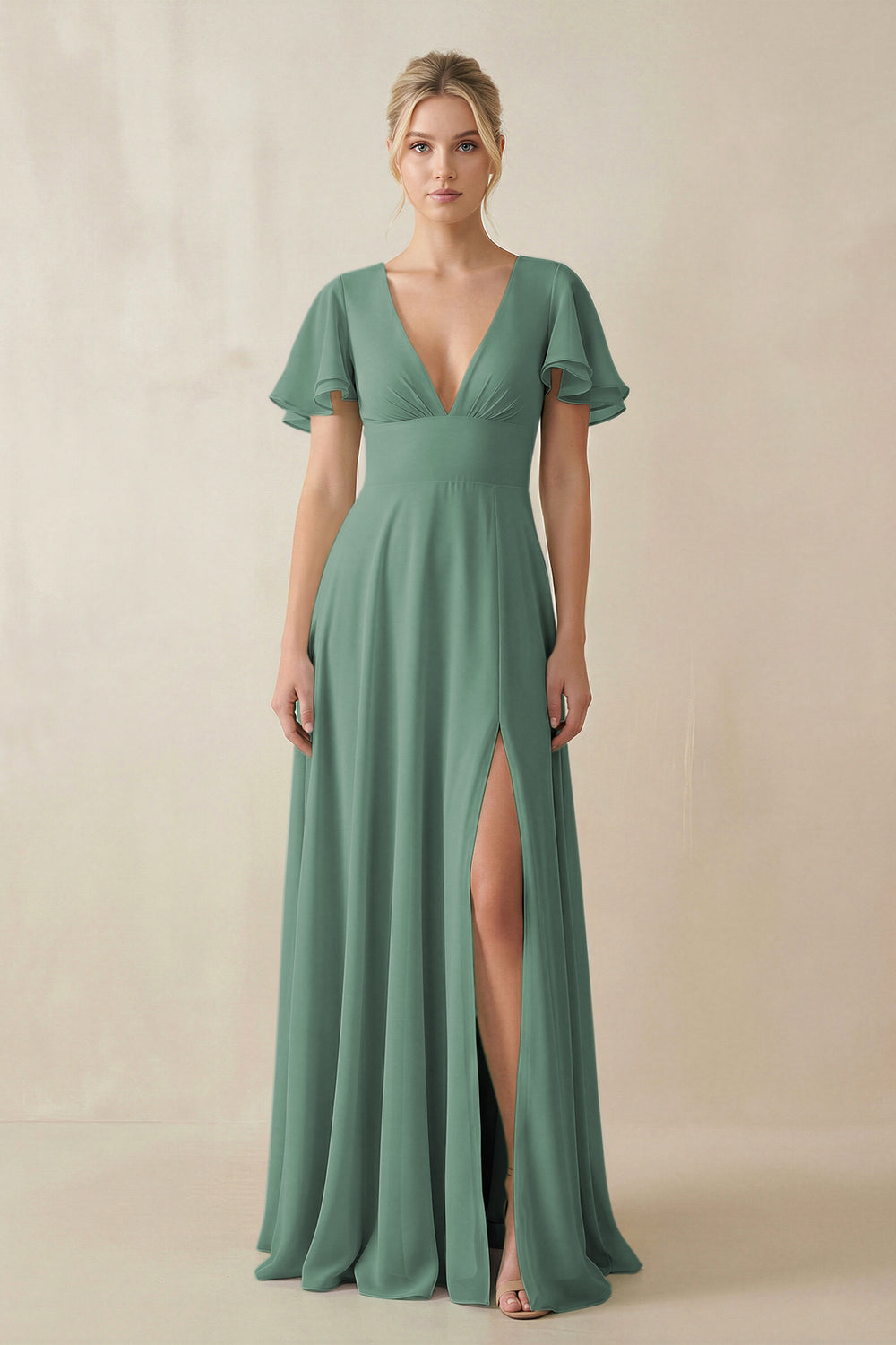 V-Neck Ruffled Short Sleeves A-Line Bridesmaid Dress in Sea Glass