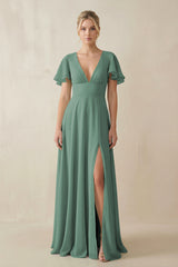 Sea Glass V-Neck Ruffled Short Sleeves A-Line Bridesmaid Dress | KISSBRIDAL