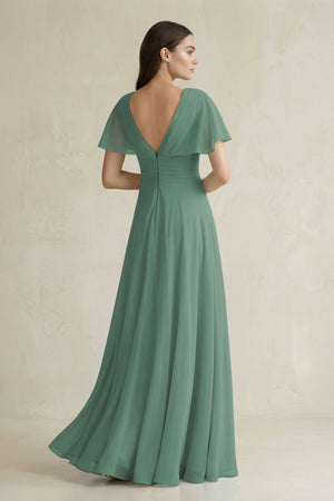Sea Glass V-Neck Ruffled Sleeve A-Line Chiffon Bridesmaid Dress (2) | KISSBRIDAL