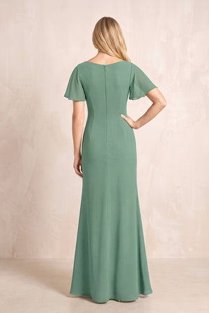 Sea Glass V-Neck Sheath Chiffon Ruffled Short Sleeves Mother of the Bride Dress with Slit (2) | KISSBRIDAL