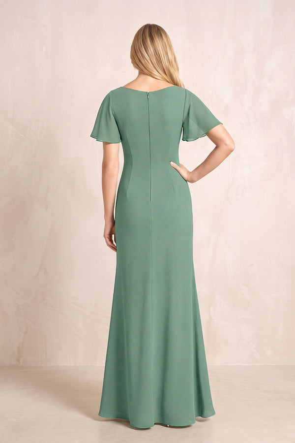 Sea Glass V-Neck Sheath Chiffon Ruffled Short Sleeves Mother of the Bride Dress with Slit (2) | KISSBRIDAL