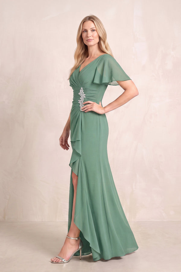 Sea Glass V-Neck Sheath Chiffon Ruffled Short Sleeves Mother of the Bride Dress with Slit (3) | KISSBRIDAL