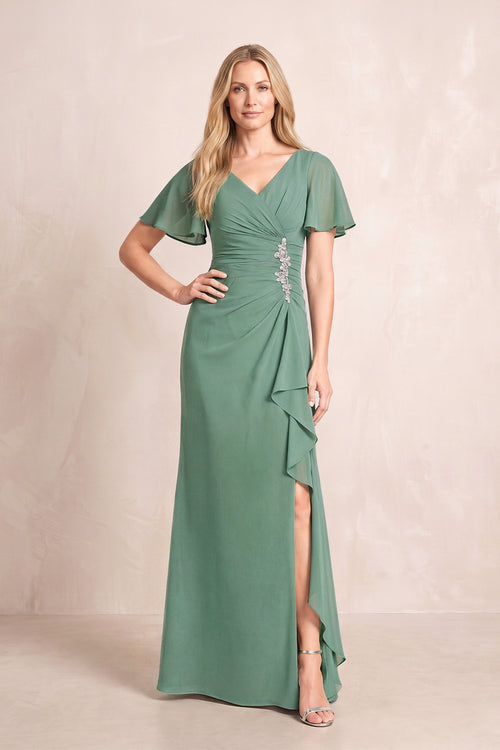 Sea Glass V-Neck Sheath Chiffon Ruffled Short Sleeves Mother of the Bride Dress with Slit | KISSBRIDAL