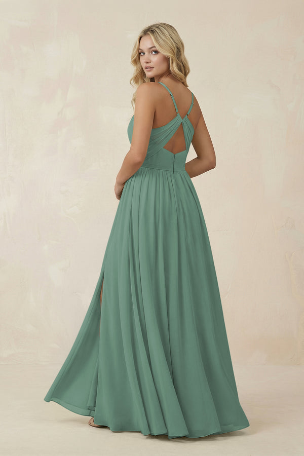 Sea Glass V-Neck Spaghetti Strap A-Line Chiffon Bridesmaid Dress (2) | KISSBRIDAL