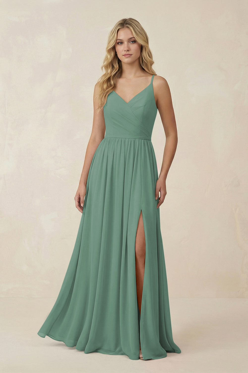 V-Neck Spaghetti Strap A-Line Chiffon Bridesmaid Dress in Sea Glass