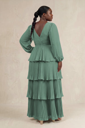 Sea Glass V-Neck Tiered A-Line Long Sleeve Bridesmaid Dress (2) [sizeplus] | KISSBRIDAL