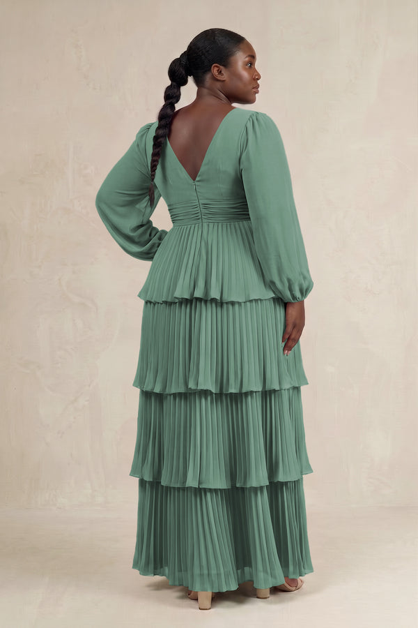 Sea Glass V-Neck Tiered A-Line Long Sleeve Bridesmaid Dress (2) [sizeplus] | KISSBRIDAL