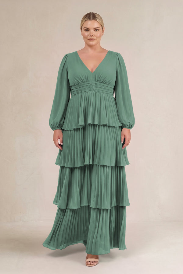Sea Glass V-Neck Tiered A-Line Long Sleeve Bridesmaid Dress (3) [sizeplus] | KISSBRIDAL