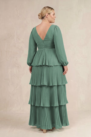 Sea Glass V-Neck Tiered A-Line Long Sleeve Bridesmaid Dress (4) [sizeplus] | KISSBRIDAL