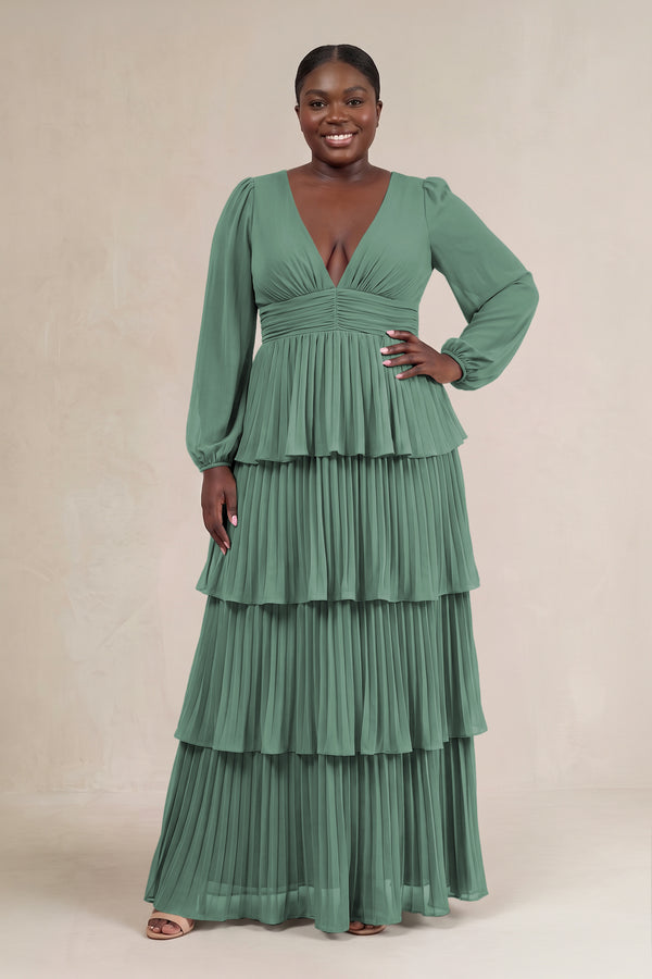 Sea Glass V-Neck Tiered A-Line Long Sleeve Bridesmaid Dress [sizeplus] | KISSBRIDAL