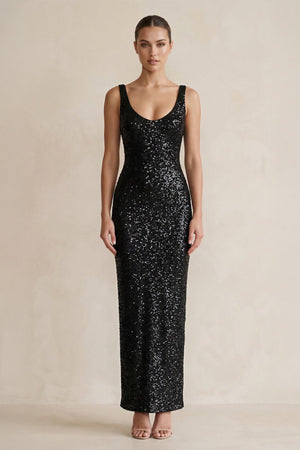 Sequins Scoop Neck Maxi Dress in Black