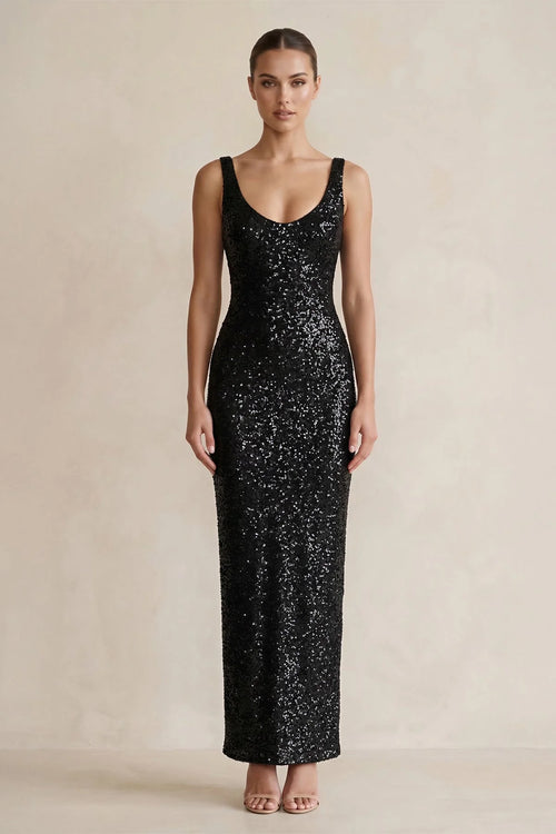 Sequins Scoop Neck Maxi Dress in Black