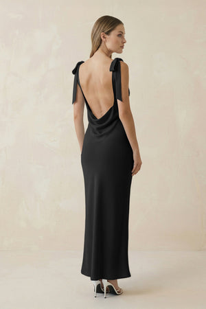 Bateau Neck Sheath Satin Midi Bridesmaid Dress With Bow in Black - KISS BRIDAL Bridesmaid Dresses