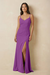 Sheath Cami Strap Chiffon Bridesmaid Dress with Slit in Amethyst - KISS BRIDAL Bridesmaid Dresses