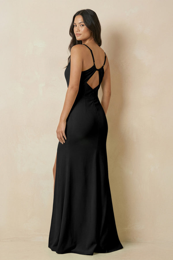 Sheath Cami Strap Chiffon Bridesmaid Dress with Slit in Black - KISS BRIDAL Bridesmaid Dresses