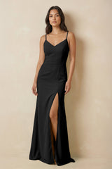 Sheath Cami Strap Chiffon Bridesmaid Dress with Slit in Black - KISS BRIDAL Bridesmaid Dresses