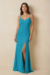 Sheath Cami Strap Chiffon Bridesmaid Dress with Slit in Blue Jay - KISS BRIDAL Bridesmaid Dresses