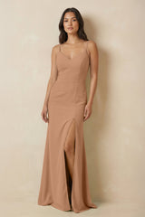Sheath Cami Strap Chiffon Bridesmaid Dress with Slit in Bronzer - KISS BRIDAL Bridesmaid Dresses