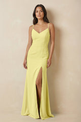 Sheath Cami Strap Chiffon Bridesmaid Dress with Slit in Buttercup - KISS BRIDAL Bridesmaid Dresses