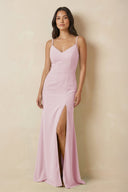 Sheath Cami Strap Chiffon Bridesmaid Dress with Slit in Candy Pink - KISS BRIDAL Bridesmaid Dresses