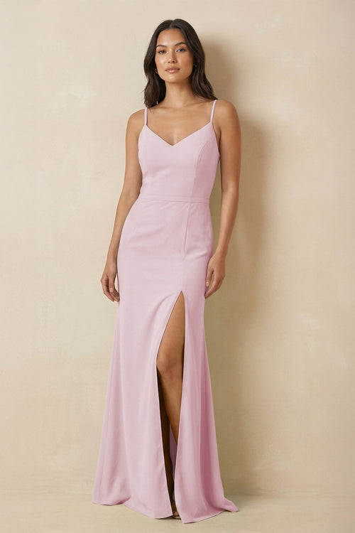 Sheath Cami Strap Chiffon Bridesmaid Dress with Slit in Candy Pink - KISS BRIDAL Bridesmaid Dresses