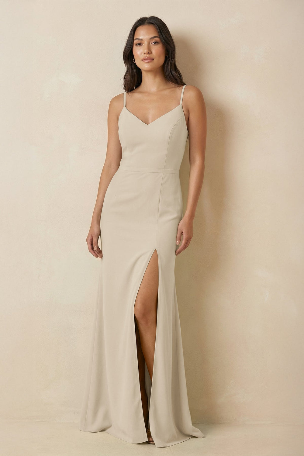 Sheath Cami Strap Chiffon Bridesmaid Dress with Slit in Champagne - SHE IS ME Bridesmaid Dresses