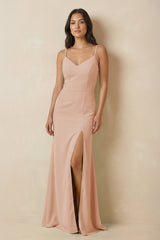 Sheath Cami Strap Chiffon Bridesmaid Dress with Slit in Champagne Rose - KISS BRIDAL Bridesmaid Dresses