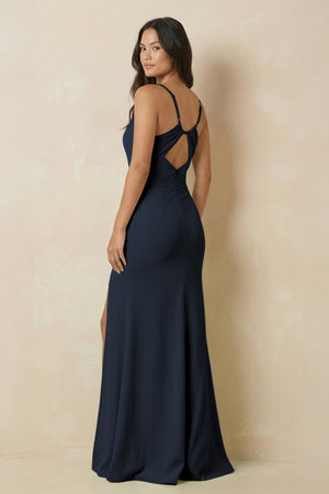 Sheath Cami Strap Chiffon Bridesmaid Dress with Slit in Dark Navy - SHE IS ME Bridesmaid Dresses