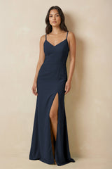 Sheath Cami Strap Chiffon Bridesmaid Dress with Slit in Dark Navy - KISS BRIDAL Bridesmaid Dresses
