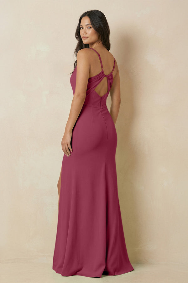 Sheath Cami Strap Chiffon Bridesmaid Dress with Slit in Desert Rose - SHE IS ME Bridesmaid Dresses