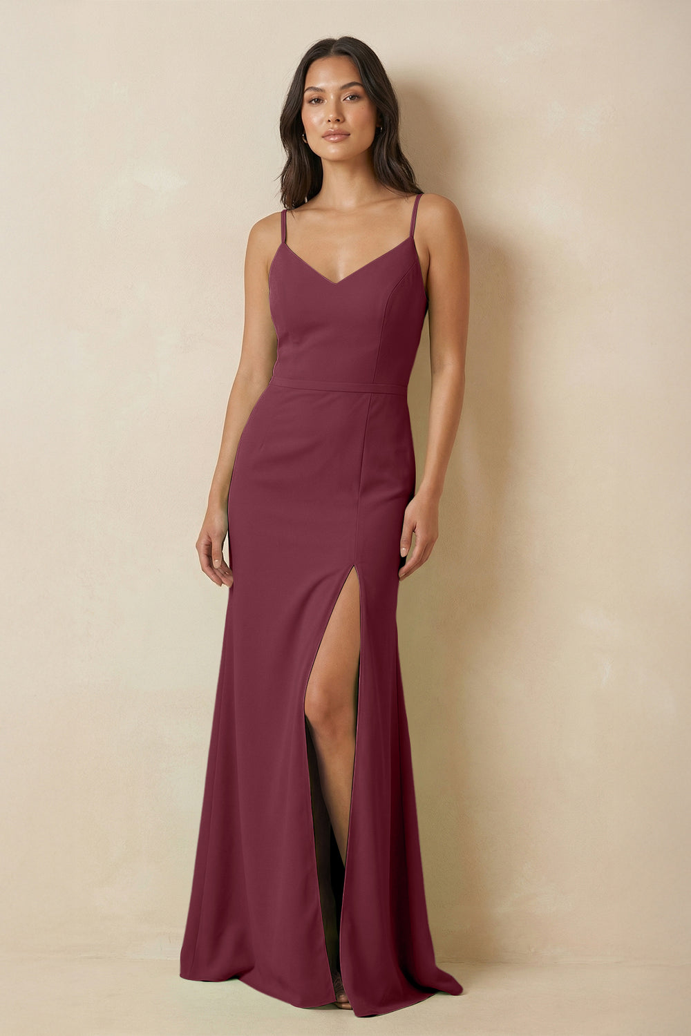 Sheath Cami Strap Chiffon Bridesmaid Dress with Slit in Desert Rose