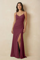 Sheath Cami Strap Chiffon Bridesmaid Dress with Slit in Desert Rose | KISSBRIDAL