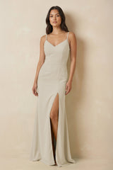 Sheath Cami Strap Chiffon Bridesmaid Dress with Slit in Dove Gray - KISS BRIDAL Bridesmaid Dresses