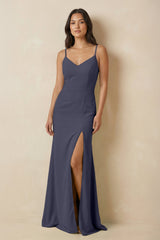 Sheath Cami Strap Chiffon Bridesmaid Dress with Slit in Dusk Blue - KISS BRIDAL Bridesmaid Dresses