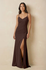 Sheath Cami Strap Chiffon Bridesmaid Dress with Slit in Espresso - KISS BRIDAL Bridesmaid Dresses