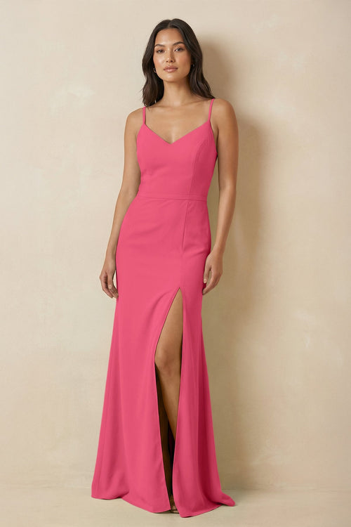 Sheath Cami Strap Chiffon Bridesmaid Dress with Slit in Fuchsia - KISS BRIDAL Bridesmaid Dresses