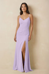 Sheath Cami Strap Chiffon Bridesmaid Dress with Slit in Lavender - KISS BRIDAL Bridesmaid Dresses