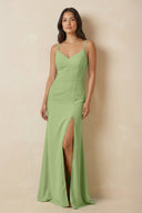 Sheath Cami Strap Chiffon Bridesmaid Dress with Slit in Matcha - SHE IS ME Bridesmaid Dresses