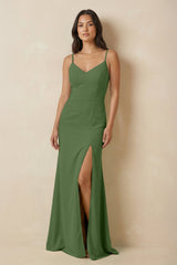 Sheath Cami Strap Chiffon Bridesmaid Dress with Slit in Moss - KISS BRIDAL Bridesmaid Dresses
