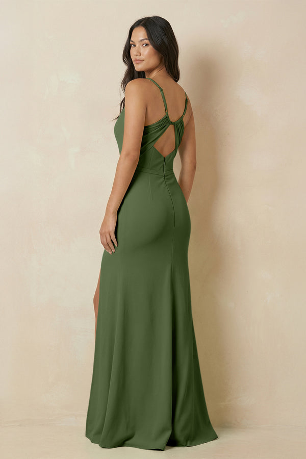 Sheath Cami Strap Chiffon Bridesmaid Dress with Slit in Moss (2) | KISSBRIDAL