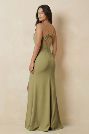 Sheath Cami Strap Chiffon Bridesmaid Dress with Slit in Moss Green (2) | KISSBRIDAL
