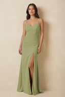 Sheath Cami Strap Chiffon Bridesmaid Dress with Slit in Moss Green - KISS BRIDAL Bridesmaid Dresses