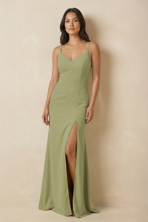 Sheath Cami Strap Chiffon Bridesmaid Dress with Slit in Moss Green - KISS BRIDAL Bridesmaid Dresses