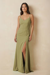 Sheath Cami Strap Chiffon Bridesmaid Dress with Slit in Moss Green | KISSBRIDAL