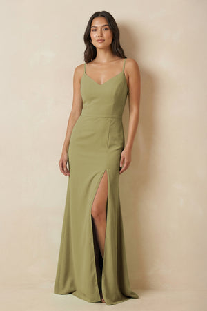 Sheath Cami Strap Chiffon Bridesmaid Dress with Slit in Moss Green | KISSBRIDAL