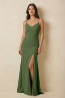 Sheath Cami Strap Chiffon Bridesmaid Dress with Slit in Moss | KISSBRIDAL