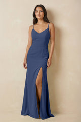 Sheath Cami Strap Chiffon Bridesmaid Dress with Slit in Navy - KISS BRIDAL Bridesmaid Dresses