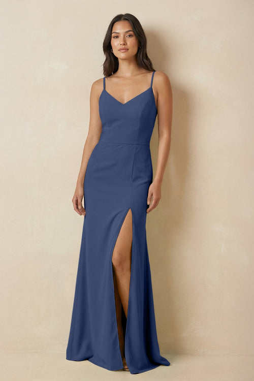 Sheath Cami Strap Chiffon Bridesmaid Dress with Slit in Navy - SHE IS ME Bridesmaid Dresses